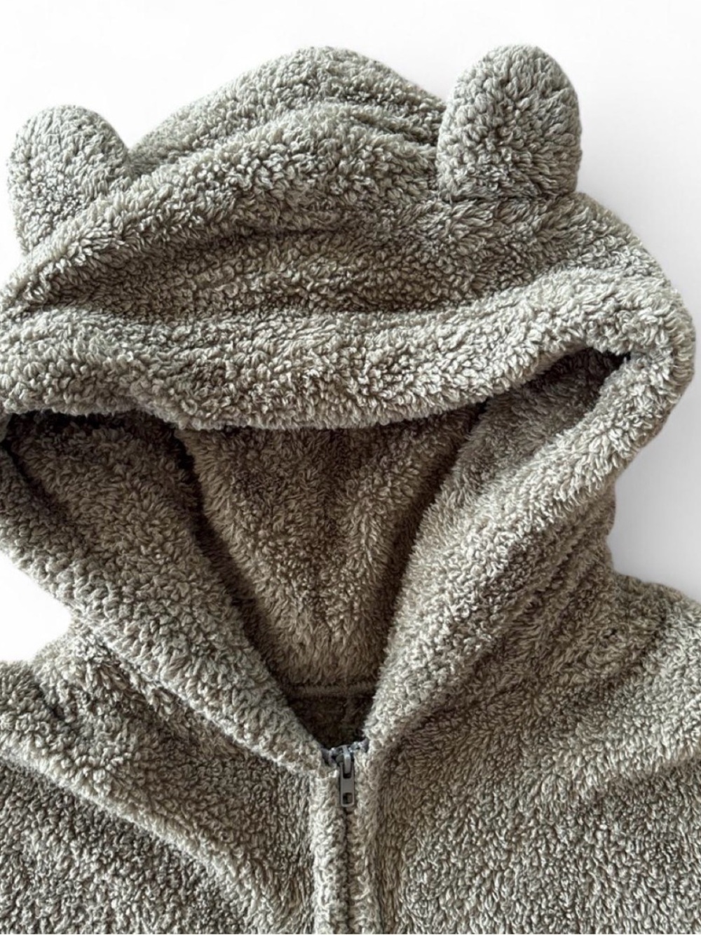 Olive Green/Brown Bear Plush Fleece Hooded One Piece Jumpsuit - Picture 4 of 6